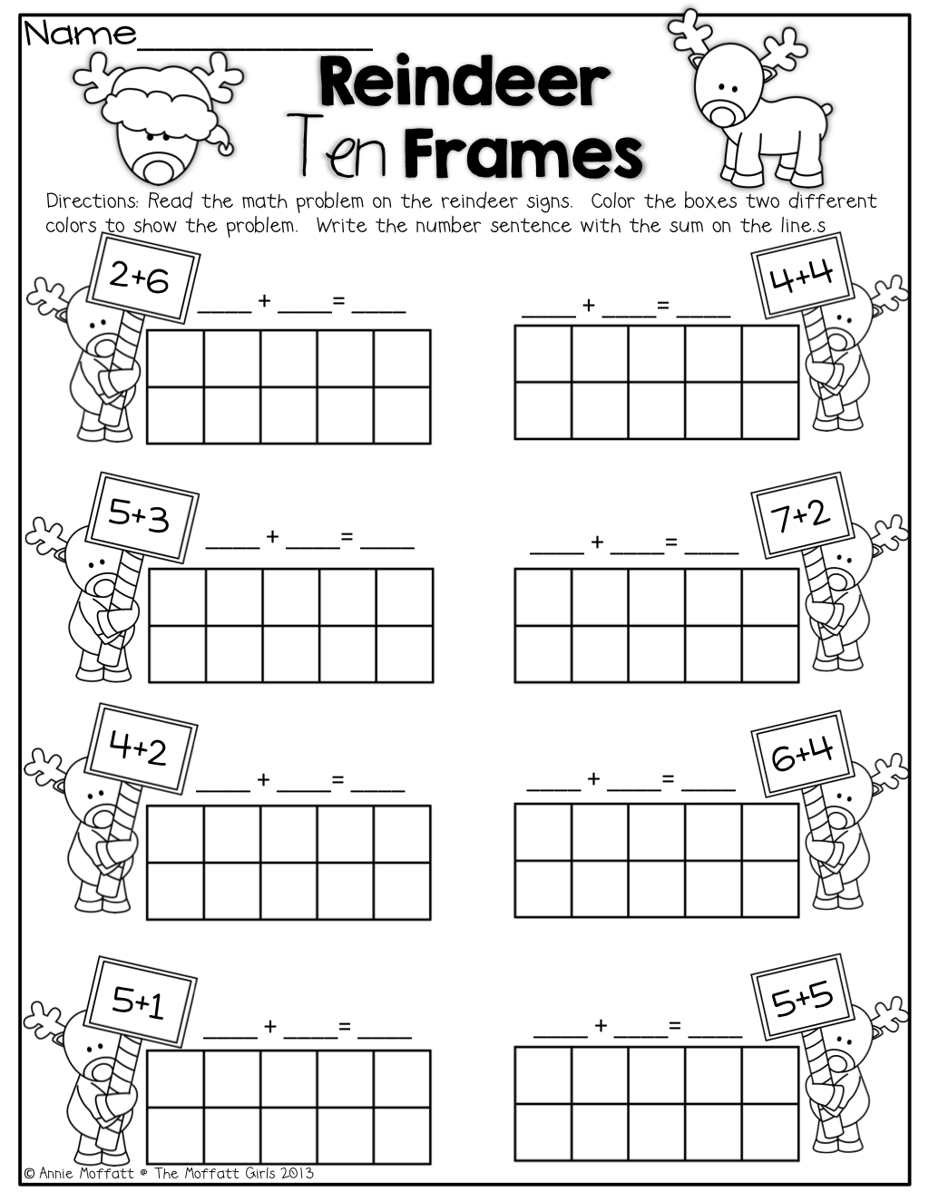 Reindeer Ten Frames! Simple Math Problems With Ten Frames