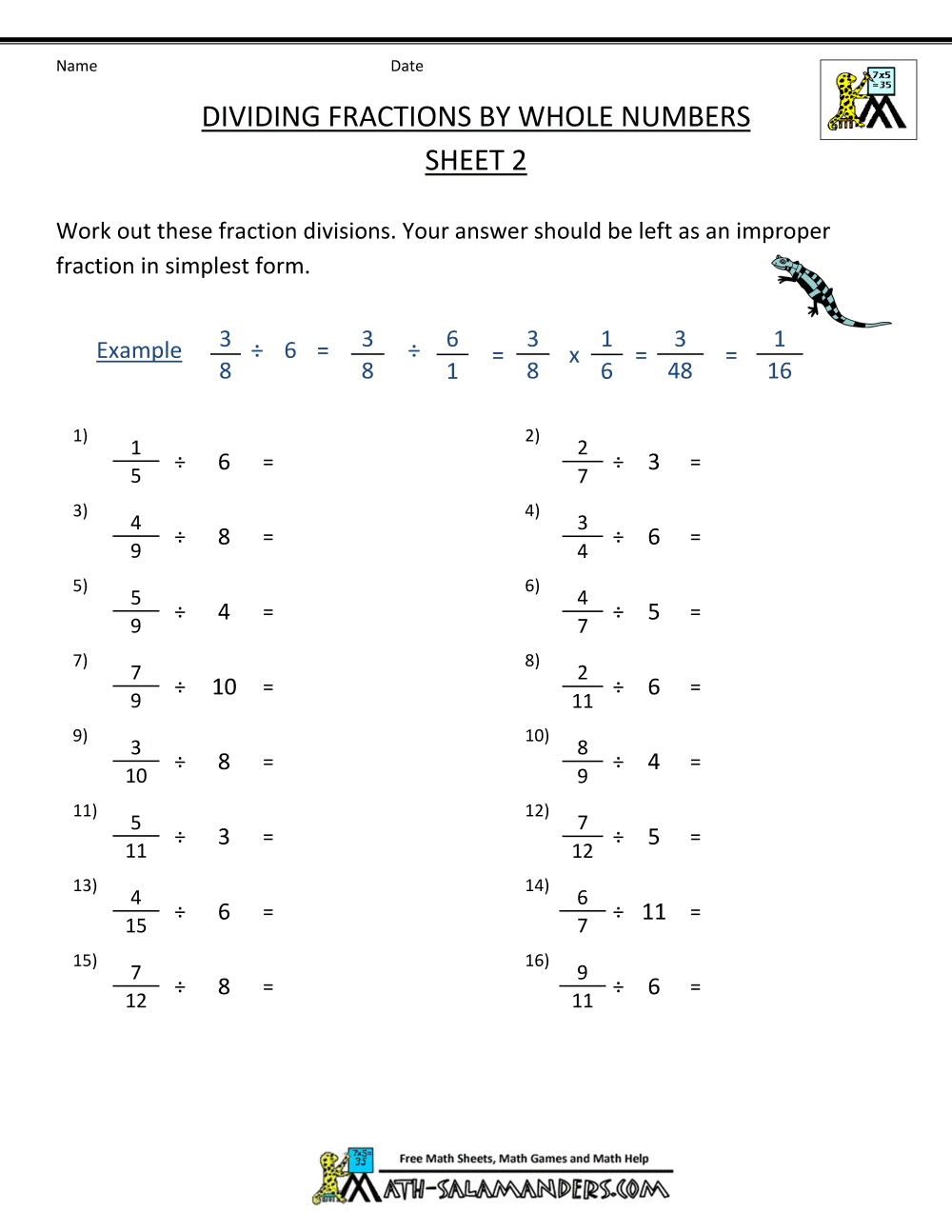 Dividing Fractions By Whole Numbers