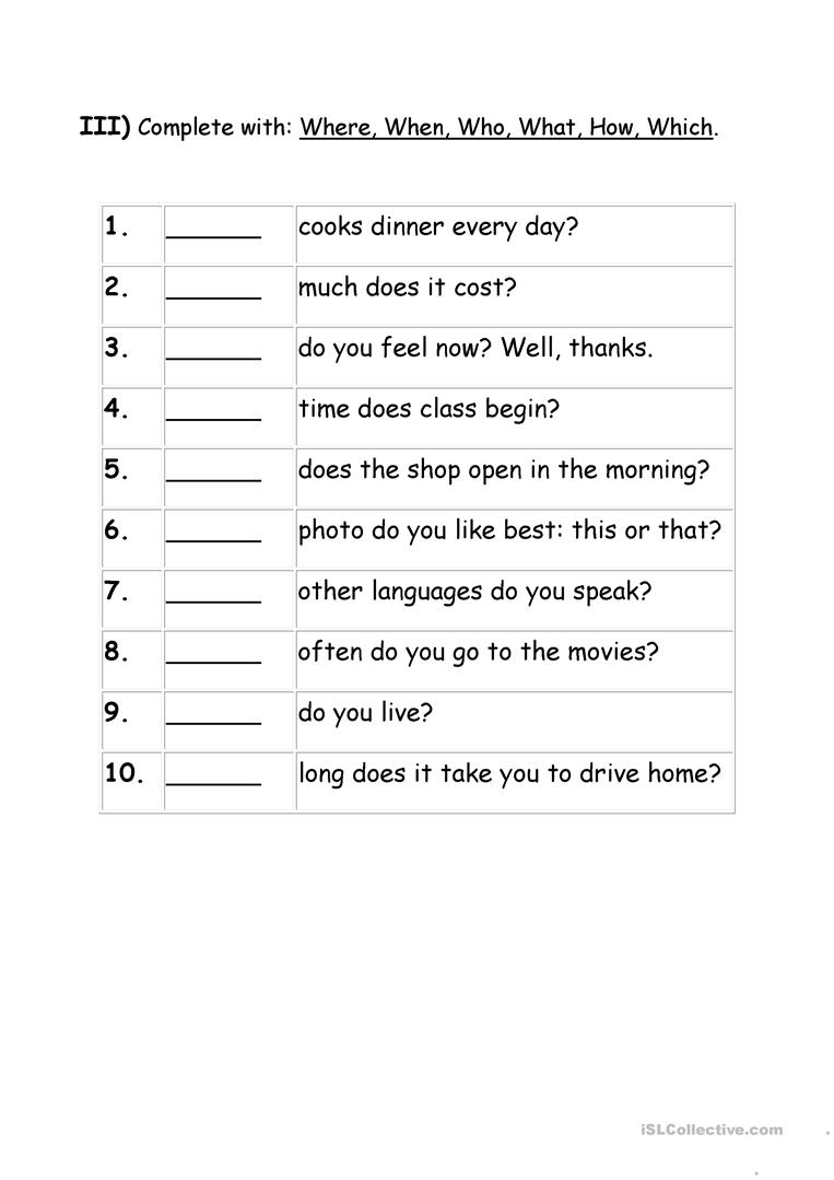 Exercises Wh Question Words Worksheet