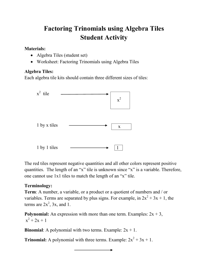 Factoring Trinomials Using Algebra Tiles Student