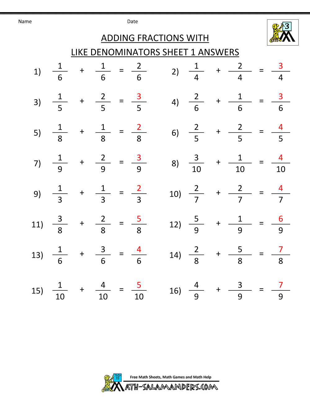 Adding Dissimilar Fractions Worksheets