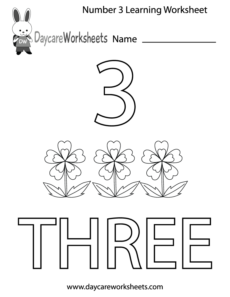 Free Preschool Number Three Learning Worksheet