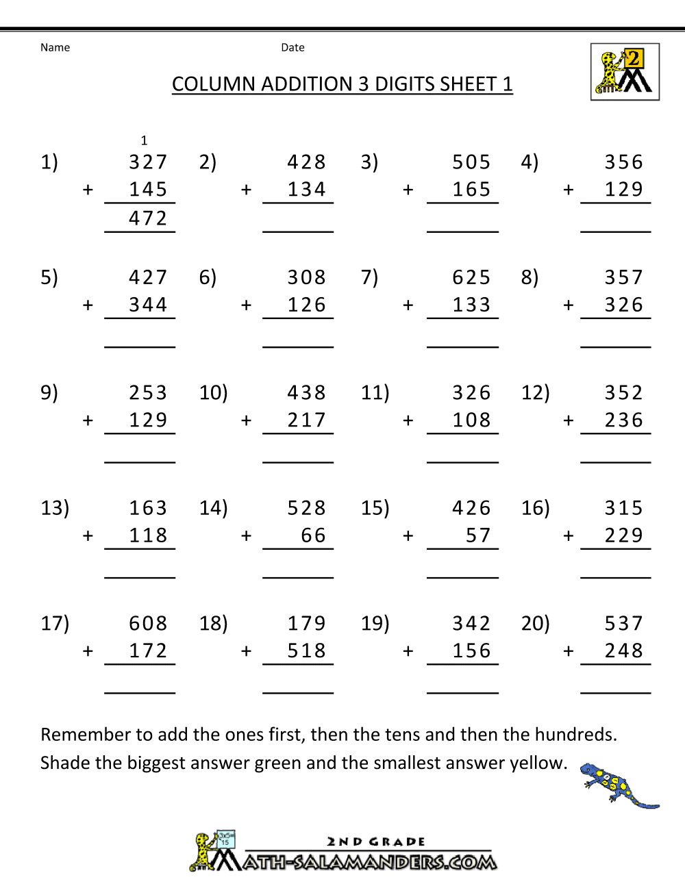 Free Printable Addition Worksheets 3 Digits