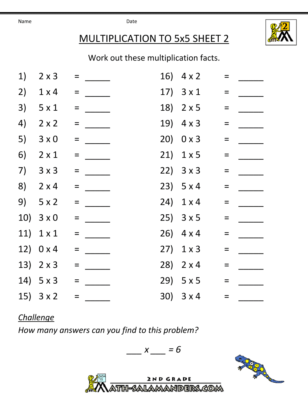 Multiplication Practice Worksheets To 5x5