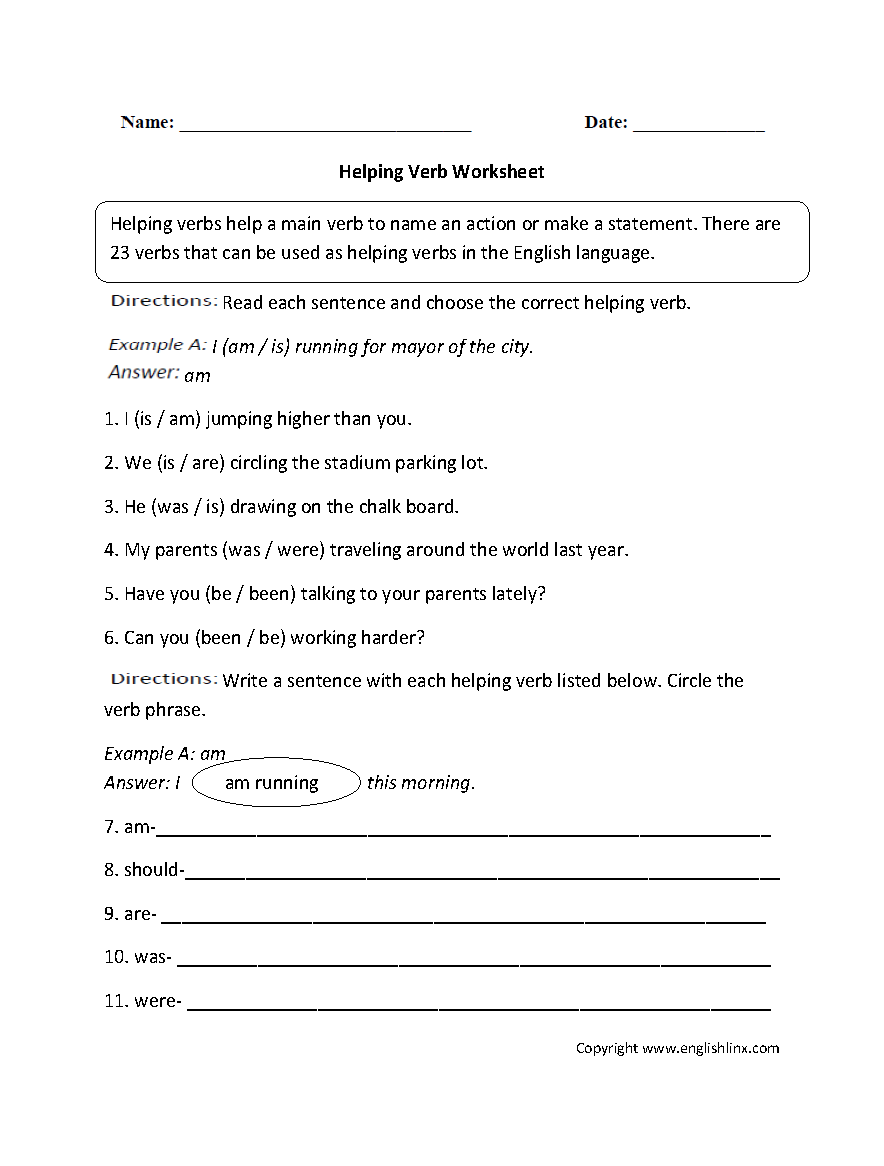 Helping And Linking Verbs Worksheet