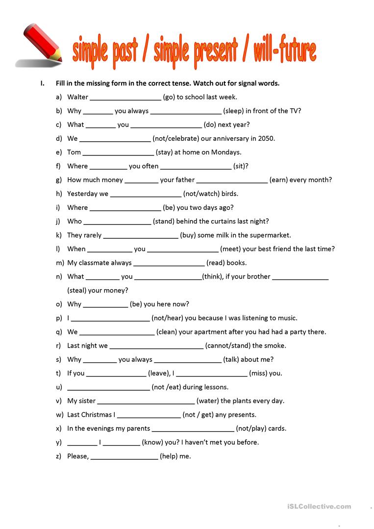 Mixed Tenses (past, Present, Future) Worksheet