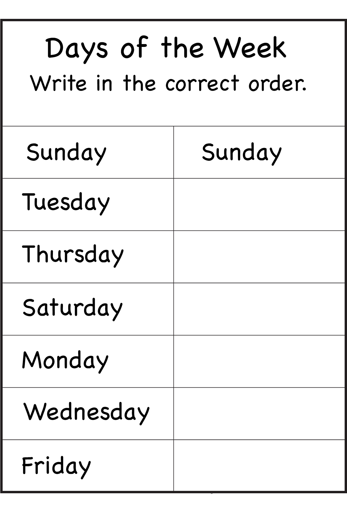 Days Of The Week For Kindergarten Worksheets