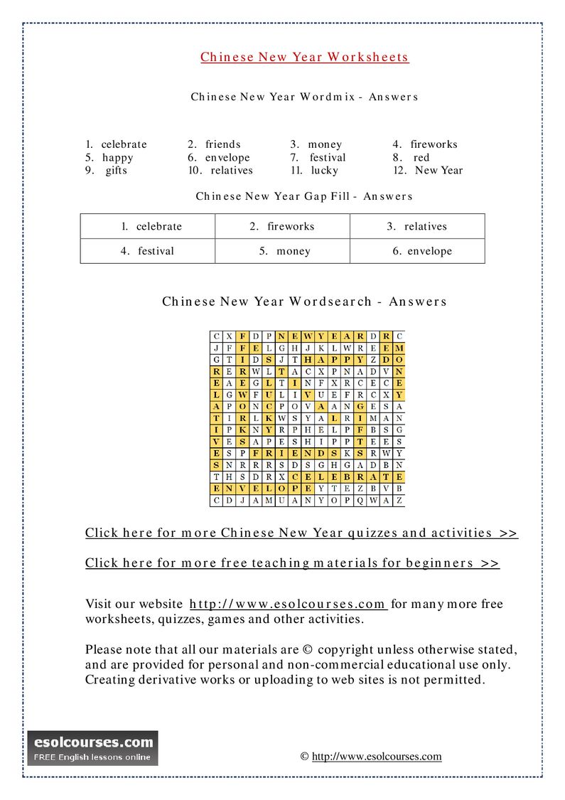 Chinese New Year Esl Worksheets