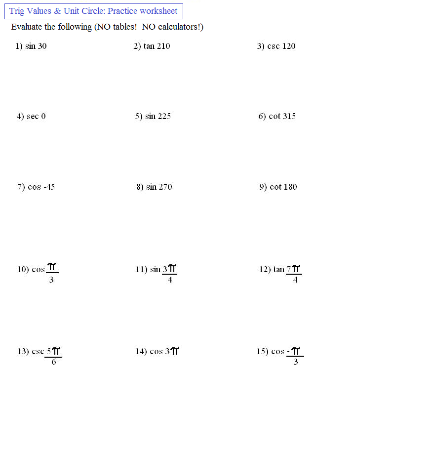 Free Worksheets On Trigonometric Functions