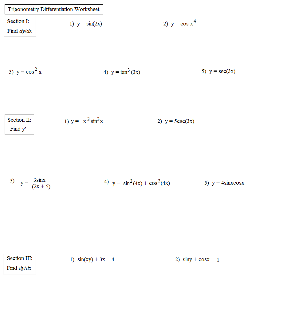 Trigonometric Functions Worksheets