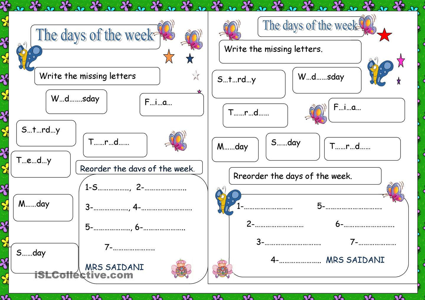 Days Of The Week Free Printable Worksheets