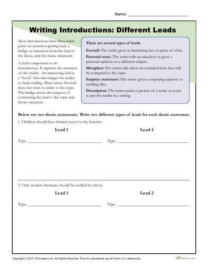 Introduction Paragraph Worksheet 1361576