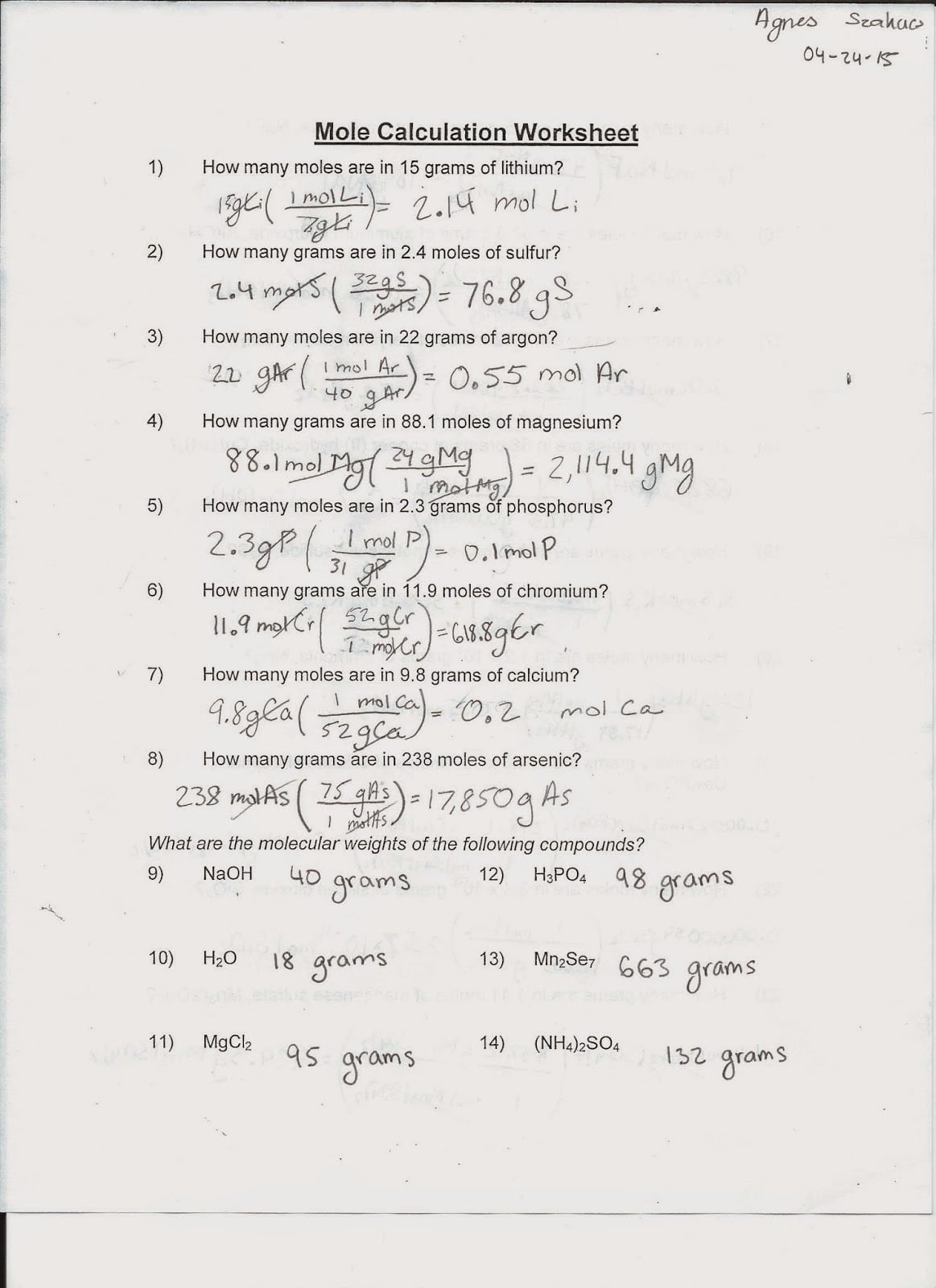 Mole Calculations Worksheet Chemfiesta