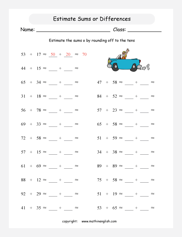 Round 2 Digit Addends To The Nearest Ten And Estimate The Sum