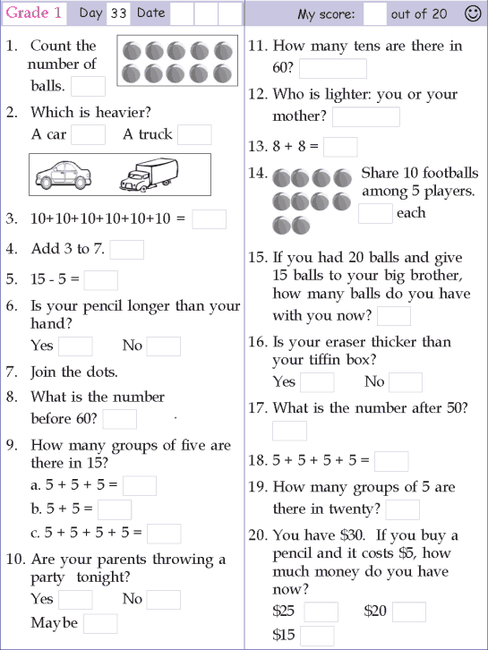 Math Worksheets For Grade 1