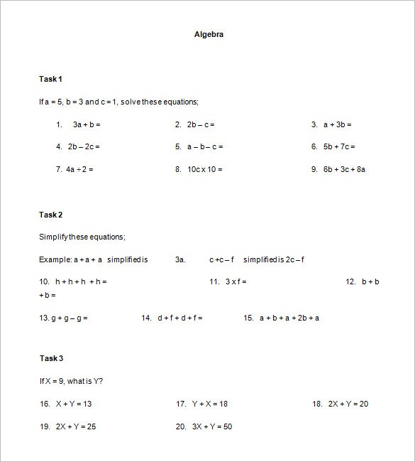 13+ Simple Algebra Worksheet Templates