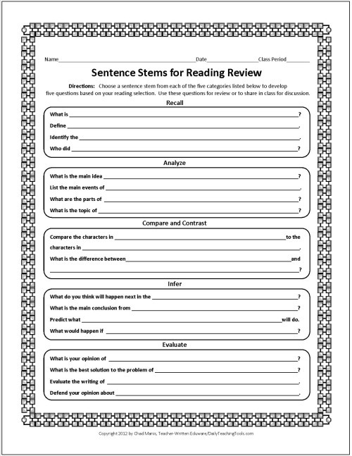 Answer Frames (sentence Stems) For Writing