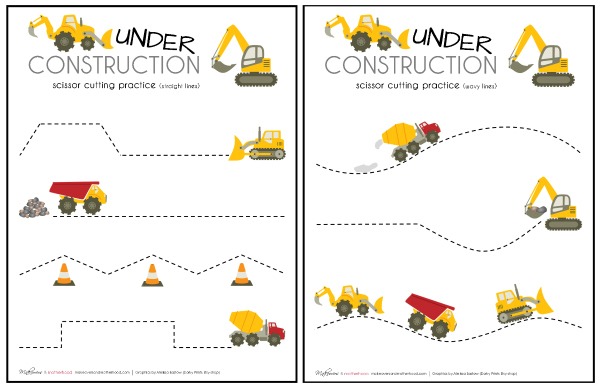 Construction Truck Scissor Cutting Practice Sheets (printable