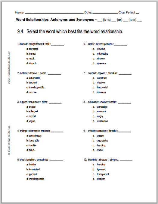 Grade 9 Verbal Reasoning Worksheet  4