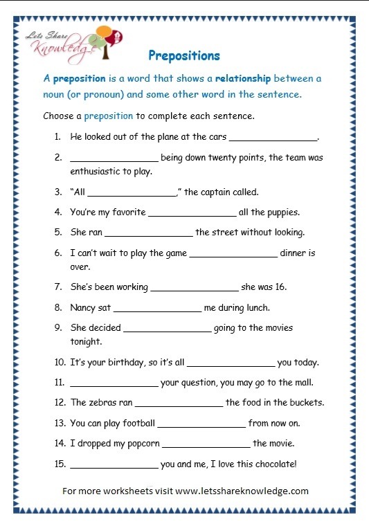 Grade 3 Grammar Topic 17  Prepositions Worksheets