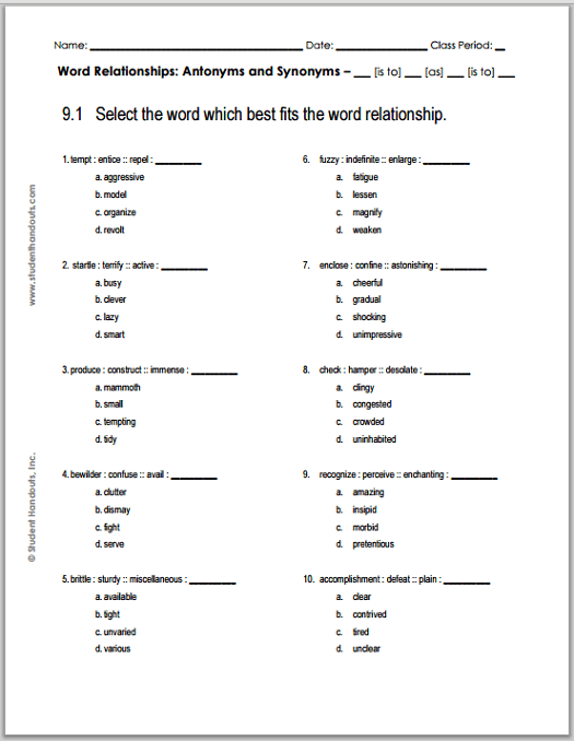 Grade 9 Verbal Reasoning Worksheet  1