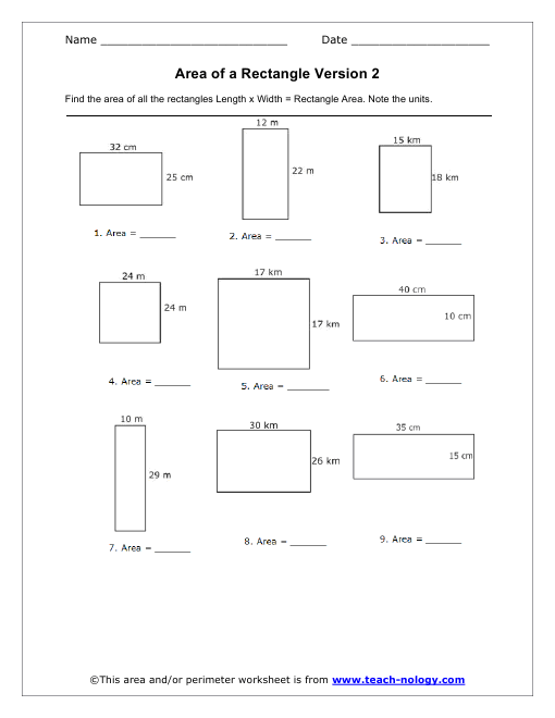 Area Of A Rectangle Worksheets