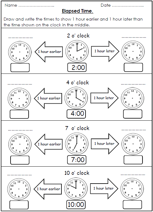 Free Elapsed Time Worksheets  1 Hour Earlier, 1 Hour Later