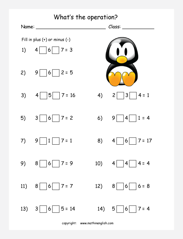 What's The Operation  Fill In Plus (+) Or Minus (